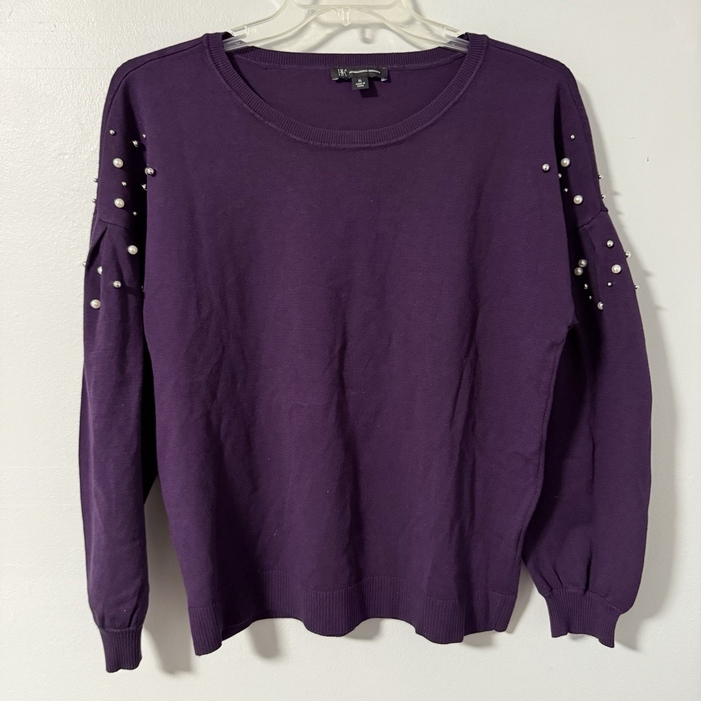 INC international Concepts Purple Round Neck Beaded Puff Sleeve Sweater XL‎